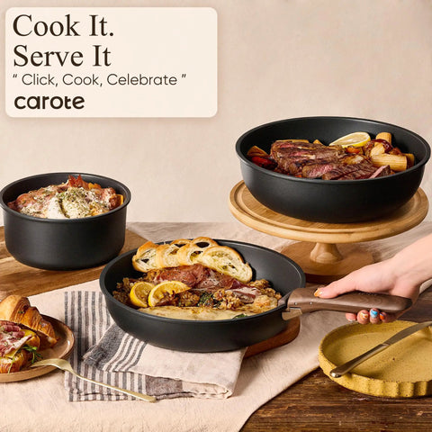 Detachable Handle 19 Piece Nonstick Cookware Set For Induction Cooktops Space Saving Pots And Pans with food inside on table