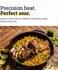 Cast Iron Dual Handle Skillet 12 Inch Preseasoned Black with Even Heat Distribution and Secure Grip Handles cooking corn and meat