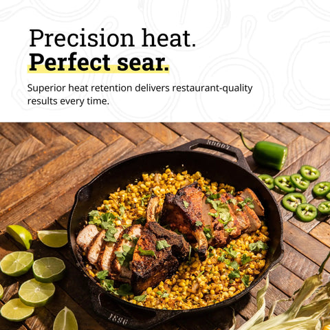 Cast Iron Dual Handle Skillet 12 Inch Preseasoned Black with Even Heat Distribution and Secure Grip Handles cooking corn and meat