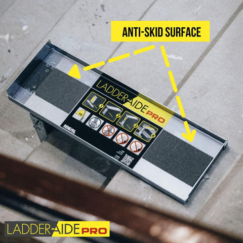 Ladder Aide Pro Foldable Ladder Leveler showing anti-skid surface, single and extension ladders accessory