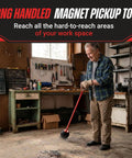 Person using Magnetic Pickup Tool With 25lb Pull 27.5 Inch Reach Quick Release Handle Built For Grabbing Nuts Bolts Screws Nails And Small Metal Parts In The Workshop in a garage.