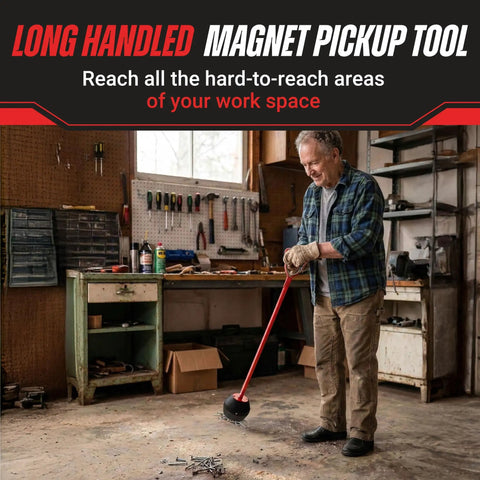 Person using Magnetic Pickup Tool With 25lb Pull 27.5 Inch Reach Quick Release Handle Built For Grabbing Nuts Bolts Screws Nails And Small Metal Parts In The Workshop in a garage.