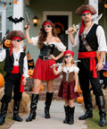 Family in pirate costumes holding weapons, wearing Badass Five Piece Pirate Costume Accessory Set For Men With Faux Leather Tricorn Hat Red Bandana Sash Classic Black Eye Patch And Vintage Gold Plated Medallion Legit Halloween Crew Night Gear.