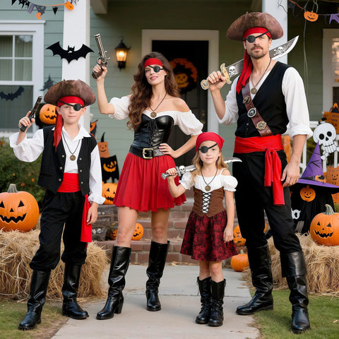 Family in pirate costumes holding weapons, wearing Badass Five Piece Pirate Costume Accessory Set For Men With Faux Leather Tricorn Hat Red Bandana Sash Classic Black Eye Patch And Vintage Gold Plated Medallion Legit Halloween Crew Night Gear.