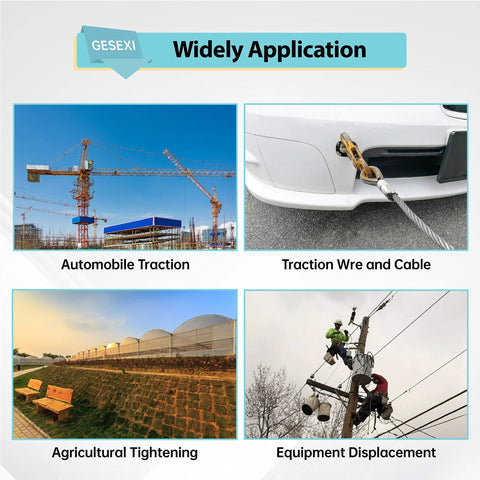 GESEXI 4 Ton Dual Gear Come Along Power Puller applications for construction, automotive traction, agricultural tightening, equipment displacement