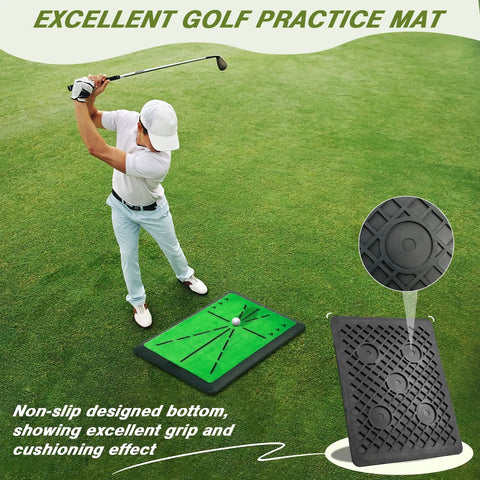 Golfer using 10x7Ft Golf Practice Net with Swing Mat for Backyard Driving and Indoor Training with non-slip mat design.
