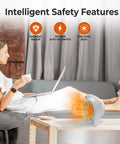 Woman using Personal Space Heater With 1500W Power, Adjustable Thermostat in living room with safety features displayed