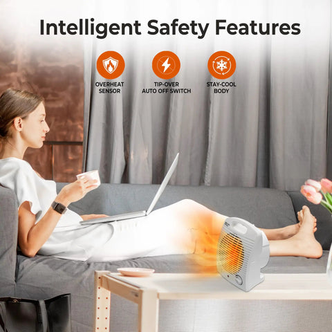 Woman using Personal Space Heater With 1500W Power, Adjustable Thermostat in living room with safety features displayed