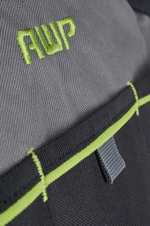 Close-up of stitching and logo on durable 13 inch tool bag with water resistant exterior for pros and contractors.