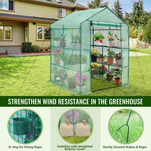 Heavy Duty Walk In Greenhouse For Backyard Growers With Thick Poly Cover And Window, 57 x 57 x 76 Inches, 3 Tiers Eight Shelves, Durable Greenhouse Kit For Indoor Or Outdoor Use