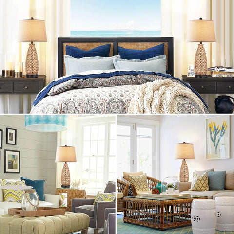 Set Of 2 27 Inch Farmhouse Coastal Rattan Table Lamps with USB Ports on bedside, living room, and sitting area setups