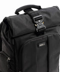 Close-up of Roll Top 30L Camera Backpack With Laptop Sleeve And Rain Cover Asphalt Black showing buckle detail and design.