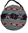 Slick Cotton Ikat Carry Case For Twenty Four Inch Shaman Drum In Bold Red Built Different With A Comfy Adjustable Strap, top view.