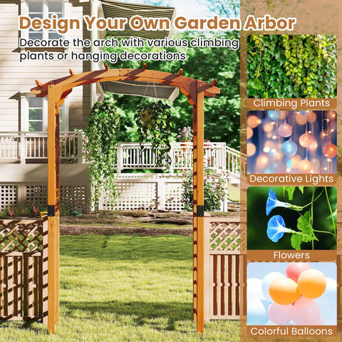Arched-Top Wooden Garden Arch For Outdoor Use, 7.5 Ft Tall Trellis Arbor For Climbing Plants, Roses And Vines with decorations
