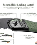 Close-up of 7.5 Inch Folding Saw For Bushcraft, Camping, And Trail Maintenance showing secure locking system and ergonomic grip