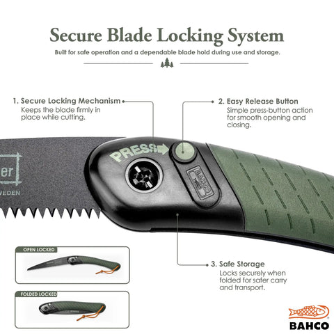 Close-up of 7.5 Inch Folding Saw For Bushcraft, Camping, And Trail Maintenance showing secure locking system and ergonomic grip