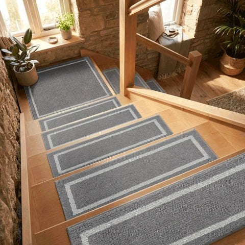 Cozy Stair Treads Non Slip Carpet Mats 28x9 Inches for Indoor Wooden Steps 4 Pack Polyester with TPE Backing Grey