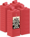 Stacks of folded red cotton shop towels, labeled '12x14' and '100 Pack' for auto, garage, bar, and home cleaning.