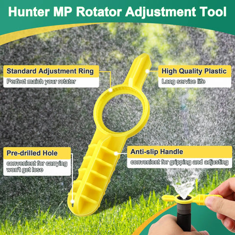 2 Pack Rotor Nozzle Adjustment Tools For Hunter MP Rotator And Rain Bird Sprinkler Heads, yellow plastic tool in garden setting