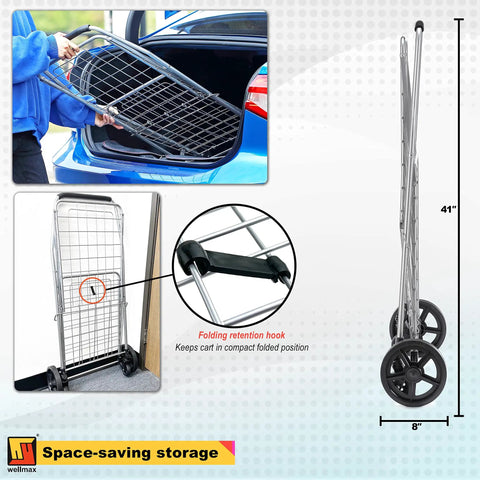 Foldable Grocery Cart On Wheels Lightweight Yet Heavy Duty Shopping Cart With Rolling Swivel Wheels Easy Fold Design, trunk fitting
