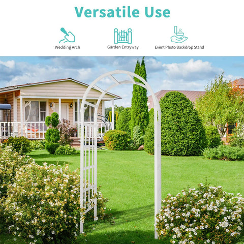 White Vinyl Garden Arbor For Weddings And Outdoor Parties PVC Arch Backdrop in backyard garden setting