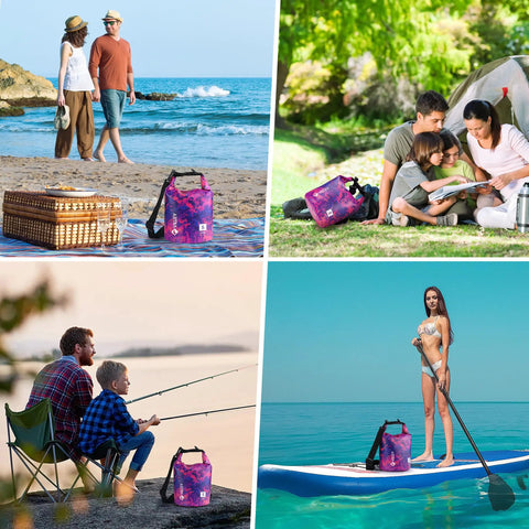 Waterproof Dry Bag 5L Roll Top Backpack For Kayaking Boating Camping And Beach Trips Ultra Lightweight Durable Gear Bag With Adjustable Strap Puncture Resistant Purple Camo in various outdoor settings, including beach, camping, fishing, and paddling.
