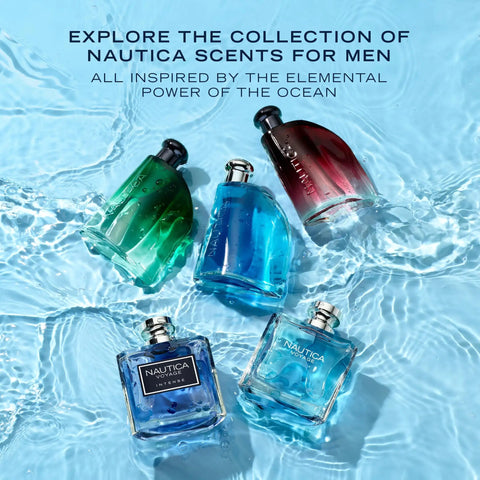 Absolute Fire Mens Eau De Toilette Spray Packing Crisp Fresh Apple Top Notes With Soothing Ocean Lotus And Deep Earthy Woody Foundation Long Lasting Cologne Game Changer Dope Gift For Him 3.3 Fl Oz Nautica men's fragrance collection in water.