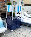 Big Pool Gear Organizer With Towel Bars And Mesh Rolling Bin, Extra Large Outdoor Pool Storage With Towel Hanger, Weatherproof PVC And Durable Mesh, Blue And White Style by a pool area