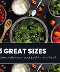 Stainless Steel Meal Prep Mixing Bowls Set for Real Kitchen Pros, 5 Pieces, with assorted vegetables and kitchen utensils