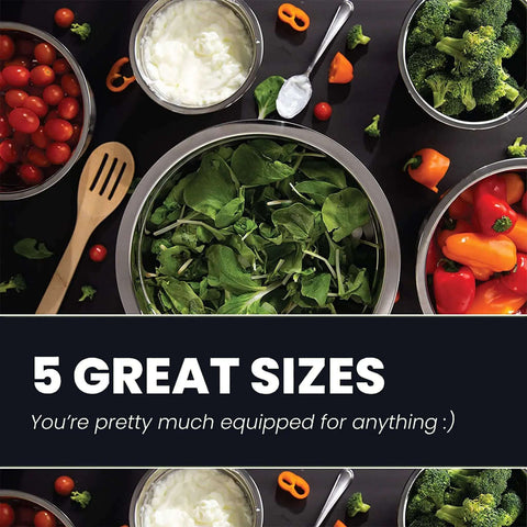 Stainless Steel Meal Prep Mixing Bowls Set for Real Kitchen Pros, 5 Pieces, with assorted vegetables and kitchen utensils