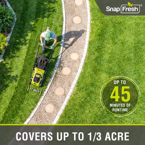 Person mowing lawn with 40V Brushless Cordless Lawn Mower With Dual 5Ah Batteries, Fast Charger, Easy Push Start, 17-inch cut