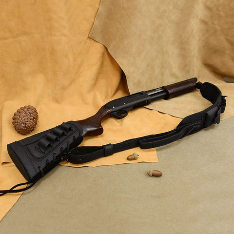 Rugged Buffalo Leather Rifle Buttstock Cover with Canvas Cheek Pad and Shell Holder Heavy Duty Sling on 12 Gauge Shotgun