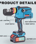 Electric Hydraulic Cable Lug Crimping Tool Kit For 12 AWG To 2/0 AWG Terminals, Battery Powered Crimper With 20 Dies side view