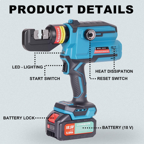Electric Hydraulic Cable Lug Crimping Tool Kit For 12 AWG To 2/0 AWG Terminals, Battery Powered Crimper With 20 Dies side view
