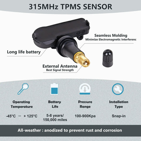 TPMS Tire Pressure Sensors 315MHz 4-Pack Pre-Programmed With OBD Relearn Ready For Ford F-150 2009-2014, Escape 2009-2018, Fusion 2010-2016, Lincoln MKS Replaces 9L3Z-1A189-A, DE8T-1A180-AA, DE8T-1A150-AA, 315MHz snap-in sensor