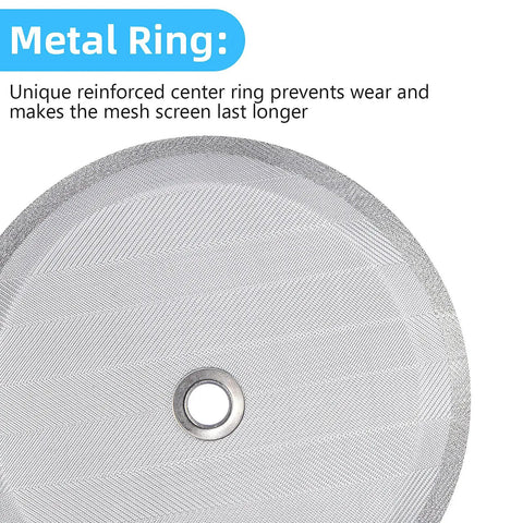 Close-up of a stainless steel mesh screen with reinforced center ring from Six Piece Replacement French Press Filter Set Four Inch Stainless Steel Mesh Screens Ultra Fine 100 Mesh With Reinforced Center Ring For Long Lasting French Press Coffee Makers