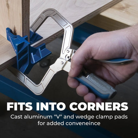 Close-up of 90 Degree Corner Clamp for Woodworking, holding wood at right angle, Automaxx Technology auto adjusts, pro grade joinery tool.