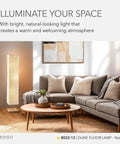 Three Light Floor Lamp With Natural Wood Base And Satin Steel Accents, Crinkle Paper Shade, Dimmable Brightness in cozy living room.