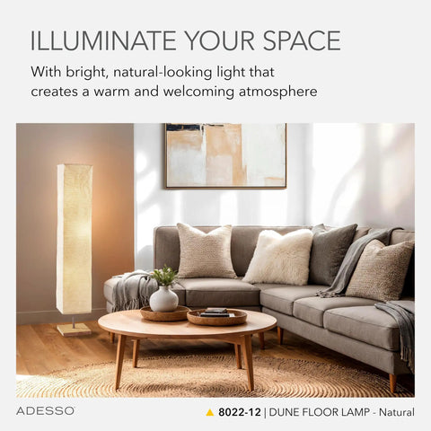 Three Light Floor Lamp With Natural Wood Base And Satin Steel Accents, Crinkle Paper Shade, Dimmable Brightness in cozy living room.
