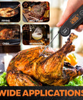 1 Second Instant Read Meat Thermometer in use with roasted chicken showing temperature display, illustrating multiple cooking applications.
