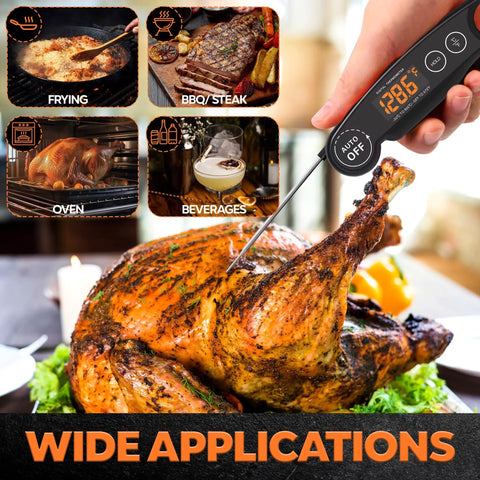 1 Second Instant Read Meat Thermometer in use with roasted chicken showing temperature display, illustrating multiple cooking applications.