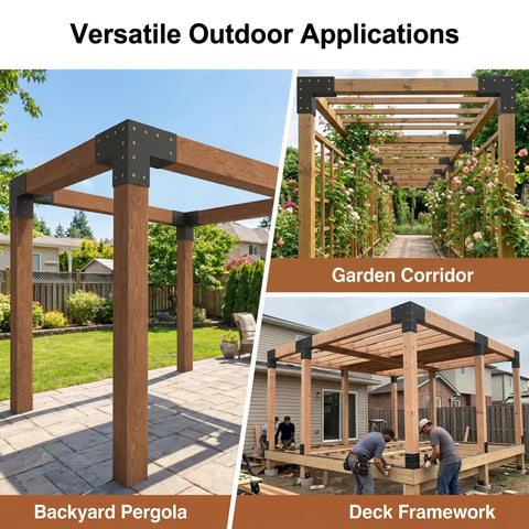 Heavy Duty Pergola Brackets Kit For 6x6 Wood Beams Four Pack 3 Way Corner Post Hardware used in various outdoor settings