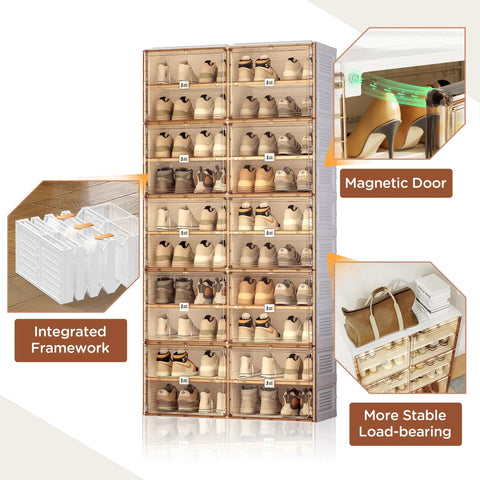 Portable Shoe Rack Organizer For Closet And Entryway, The Go To 10 Tier Sneaker Storage Cabinet With Magnetic Clear Door, Large Plastic Bins With Lids, Holds Up To 40 Pairs, Three Minute Setup, Fully Configurable Design showing integrated framework and load-bearing feature.