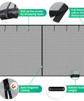 Infographic showing features of Garage Door Screen For 2 Car Garage 18x7 Ft Magnetic Closure Heavy Duty Screen With Self Sealing Fiberglass Mesh.