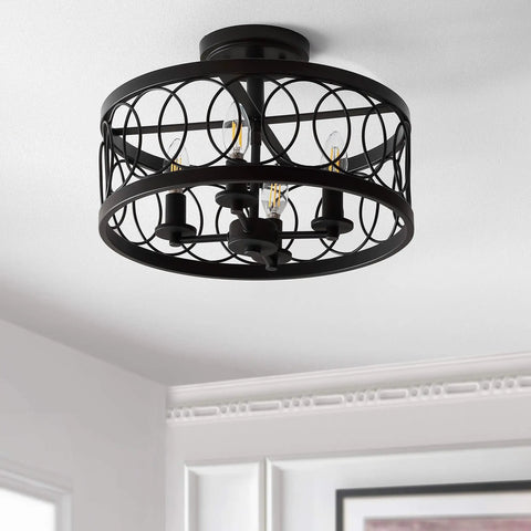 Oil Rubbed Bronze 15.5 Inch 4-Light LED Metal Semi Flush Mount Ceiling Light With Sleek Metal Fretwork Shade For Bedroom Entryway Hallway Dimmable Fixture Includes Energy Saving LED Bulbs