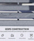 Close-up of distressed gray HDPE slatted back of Two Person Outdoor Glider Bench For Backyards And Patios with durability icons.