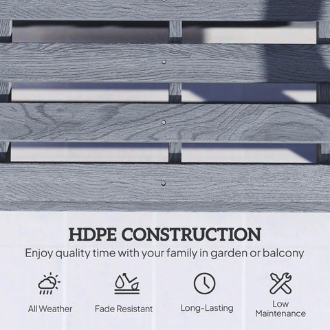 Close-up of distressed gray HDPE slatted back of Two Person Outdoor Glider Bench For Backyards And Patios with durability icons.
