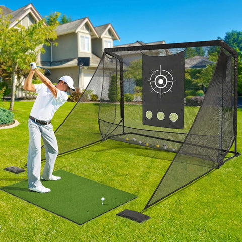 Person practicing golf swing with 10x7ft Golf Hitting Net With Side Net And Simulator Cloth Portable Steel Frame Golf Cage