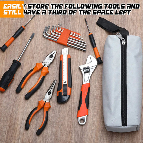 9 Pack Small Tool Pouches Set Canvas Zipper Tool Bags with tools beside one bag, displaying organization and durability