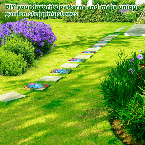 Garden path with three size square stepping stone molds set for concrete, showcasing colorful and decorative DIY landscaping options.